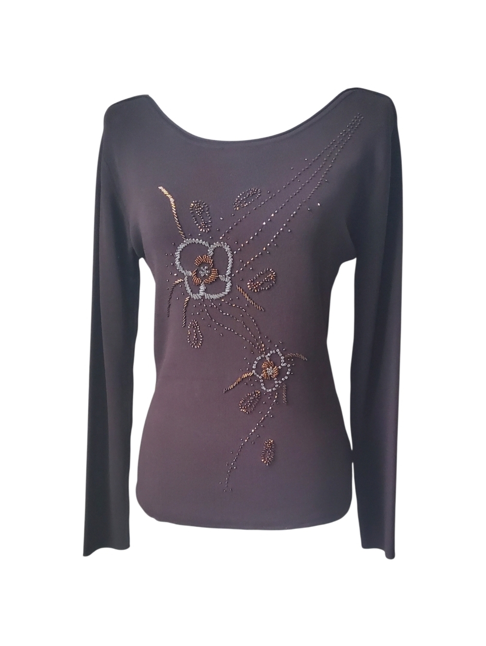 Ghida Style Embellished Floral Bead Knit Top Chocolate Brown Long Sleeve Size ML